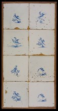 Tile field, eight tiles, blue on white, birds, among others two storks or herons, tiled field wall tile sculpture ceramic