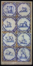 Tile field, eight tiles, braces with elephant, blue on white, corner motif wing leaf, tiled field wall tile sculpture