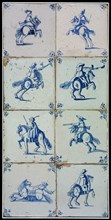 Tile field, eight tiles, blue on white, horseman, corner motif ox's head, tile field wall tile tile sculpture ceramic