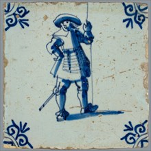 Figure tile, blue on white, warrior with spear, saber and big hat, corner pattern ox head, wall tile tile sculpture ceramics
