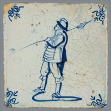 Figure tile, blue on white, warrior with spear, and profile, corner pattern ox head, wall tile tile sculpture ceramic