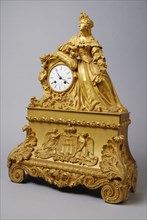 E. Ls., Gilded bronze pendulum with female figure in frock with waistband, pendulum clock timepiece measuring instrument bronze