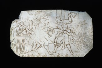 Panel of mother-of-pearl with incised scene from play or saying, embossed nacre shell, Panel of mother-of-pearl