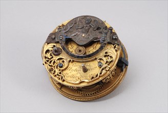 Cornelis Uyterweer, Inside of pocket watch with on gap image child with sword and shield and written SERVIAT UNI, pocket watch