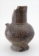Stoneware jug, ball model with cylindrical neck, brown and gray mottled glazed, jug crockery holder soil find ceramic stoneware