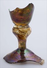 Fragment of part of foot and of stem of goblet, drinking glass drinking utensils tableware holder soil find glass, hand-blown