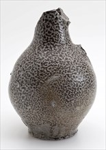 Stoneware jug, gray and brown speckled glazed, convex model on stand, jug soil find ceramic stoneware glaze salt glaze, surface