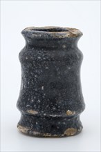 Pottery ointment jar, cylindrical with three constrictions, black speckled glazed, ointment jar pot holder soil find ceramic