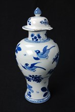 White vase with blue branches flowers and birds, vase cover vase tableware holder ceramic porcelain enamel, baked painted glazed