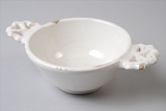Earthenware bowl with two carved ears, white glazed, papkom bowl crockery holder soil find ceramic earthenware glaze tin glaze