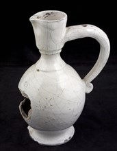 Pottery jug on stand foot, white glazed, ball model, neck with cuff and pouring clip, jug crockery holder soil find ceramic
