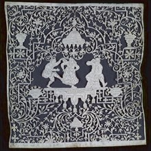 Engraved and carved cutting of white parchment on black ground, with drinking man sitting on barrel and dancing couple, cut art