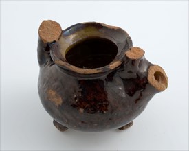 Earthenware teapot, small size on three legs with spout and handle, manganese glaze, teapot crockery holder toy relaxant soil