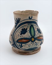 Majolica jug, moresk decor on the front in white fond, jug soil found ceramic earthenware glaze lead glaze, hand turned baked
