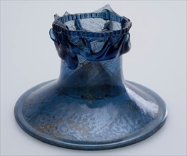 Fragment of octagonal pipe glass decorated with glass bands, blue, drinking glass drinking utensils tableware holder soil find