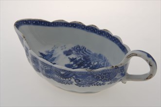 White sauce bowl with blue border decoration and Eastern landscape, sauce bowl bowl crockery holder ceramic porcelain glaze
