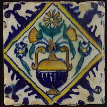 Flower tile, flowerpot in square, corner pattern palmet, wall tile tile sculpture ceramics pottery glaze, baked 2x glazed
