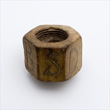 Legs nut with internal thread, hexagonal and with letters on the surfaces, nut fastener soil find leg, sawn twisted sanded Legs