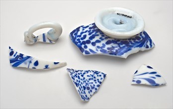 Fragments of white glass bowl decorated with blue glasspetters, bowl bowl dish holder soil find glass, hand blown Five fragments