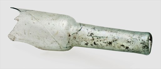 Two neck fragments of hand-blown bottles, long necks, one of which is cylindrical, bottle holder bottomfound glass, free blown