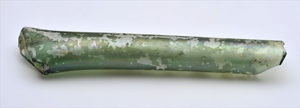 Glass tube or neck, cylindrical and pinched on one side, glass soil found glass, w 1.9 hand-blown Glass tube Possible neck
