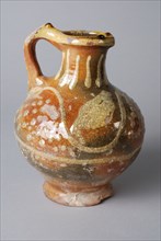 Earthenware oil jug with pouring lip and standing ear, sludge decor on neck and shoulder, oil jug holder soil find ceramic