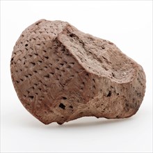 Fragment of earthenware damper decorated with rows of pinpoints, kerbschnitt, domper pottery soil find ceramic pottery, hand