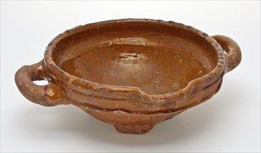 Large bowl of red earthenware on stand fins, two sausage ears, pouring lip, internally glazed, bowl milk tableware holder