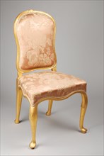 Gold plated straight rococo chair, upright chair seat furniture furniture interior design wood gold paint silk, With pink silk