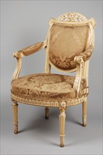 White painted, partly gilded Louis Seize armchair, armchair seat upholstered furniture interior design wood lacquer gold leaf