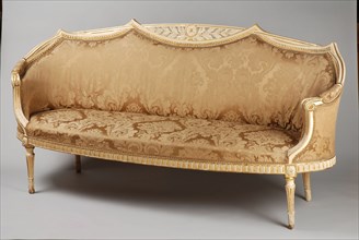 White painted, partly gilded Louis Seize canapé, bench furniture interior furniture wood beech lacquer gold leaf silk dam