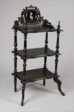 Black colored beech wood etagere in historical style, standard furniture interior fittings wood beech wood paint glass, Black