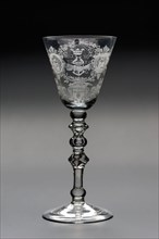 Wedding glass, engraved with wedding symbols and family arms, Montauban-van Swijndrecht and IN DEN REALLY AGREED DEN 12 December