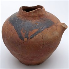 Pottery water jug on ring of carved toes, glaze on shoulder, red shard, water jug jar holder kitchen utensils earthenware