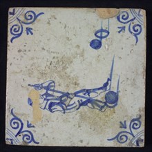 Scene tile, child's play, braces, corner motif ox's head, wall tile tile sculpture ceramic earthenware glaze tin glaze, in shape
