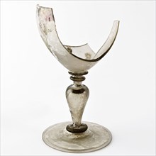 Fragment of foot, trunk and chalice of chalice in façon de Venise style, drinking glass drinking utensils tableware holder