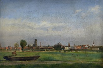 Jan Bikkers, View of the city from the side of Beukelsdijk, Rotterdam, painting footage paper cardboard paint, View of the city