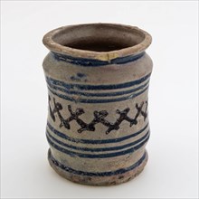 Pottery ointment jar, majolica albarello with two constrictions, blue rings and cross decor in manganese, albarello holder soil