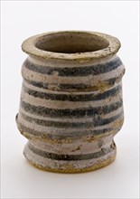 Pottery ointment jar, faience with two constrictions, blue rings around the side wall, ointment jar holder soil found ceramic