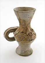 Part of stoneware tripod cup on stand foot, drinking jug with pointed nose and stamped rosettes, cup drinking utensils tableware