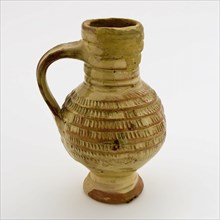 Small earthenware jug be decorated on standing foot, round belly decorated with rad stamping, jug crockery holder soil find