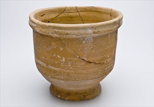 Pottery flowerpot on stand, hole in bottom, girth above foot, flower pot holder soil found ceramic earthenware, handwrought