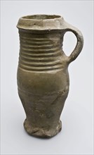 Stoneware pot on pinched foot, proto stoneware with ear and slanted top edge, drinking jug soil found ceramic stoneware, edge