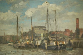 Pieter Been, Persoonshaven Feijenoord With sailing cargo ships on the quay, Rotterdam, cityscape painting footage oil paint