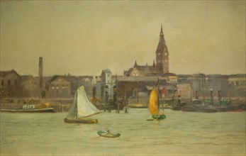 Pieter Been, View from the water with possibly the Wilhelminakerk on the Oranjeboomstraat and Persoonsstraat on Feijenoord