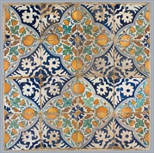 Tile field, four high, four wide, four ornament tiles, diagonal decor, orange, blue and green on white, orange apples in quarter
