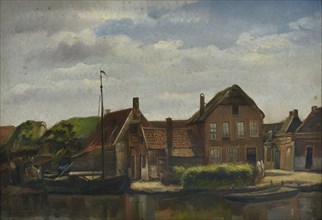 Jan Bikkers, Overtake to the Rotte, painting footage paper oil painting, Painting coincide with the Rotten Houses on corner