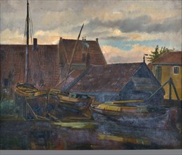 Jan Bikkers, shipyard on the Rotte behind the Zwaanshals, village view painting footage paper oil, View of shipyard