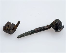 Bronze fibula or mantle pin, curved and narrow model, fibula fastener soil find bronze metal, molded whipped drawn bronze fibula