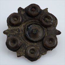 Bronze fibula or mantle pin, decorated disc fibula, without pin, fibula fastener soil find bronze metal w 3,6 cast drawn bronze